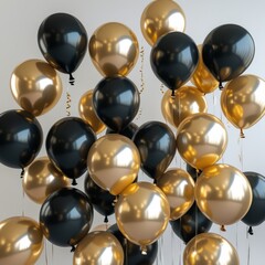Wall Mural - Black and yellow balloons bunch on gray background. 3D render illustration