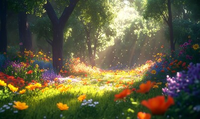 Wall Mural - Sunlit forest path with vibrant wildflowers.