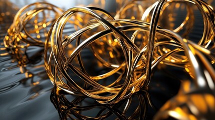 Poster - Abstract golden metallic spheres intertwined on a dark reflective surface