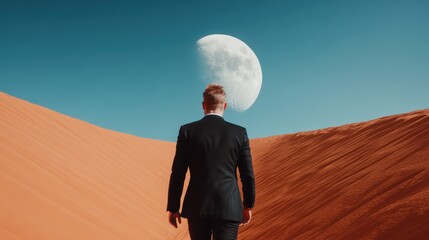a man in a formal suit walks alone in a vast desert landscape, with a towering moon overhead, symbol