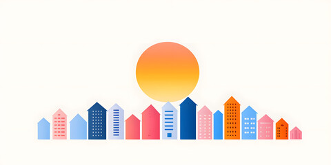 Aufkleber - Colorful cityscape at sunset.  A vibrant illustration of buildings silhouetted against a large, warm sun.