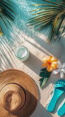 Poster - Embrace the essence of a tropical vacation with a flat-lay featuring a beach setting