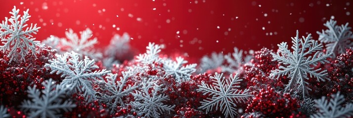 Poster - Snowflakes gently falling against a vibrant red background during festive winter season
