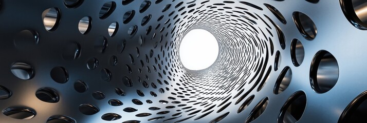 Poster - Cylindrical tunnel with perforated metallic surface creating a mesmerizing visual effect and depth perception