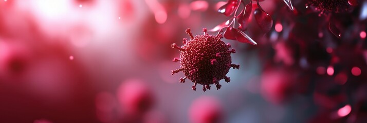 Poster - Microscopic view of virus structure with red and dark background, highlighting viral particles and cellular environment