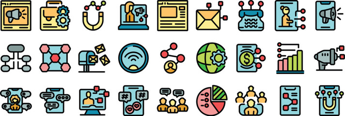 Poster - Colorful icons representing various aspects of digital marketing, encompassing online advertising, social media engagement, and content promotion
