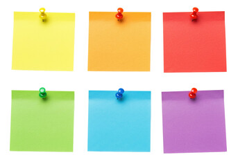 Set of colored paper notes with thumbtacks isolated on white background,