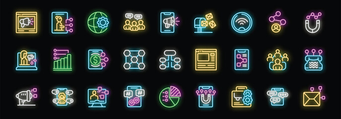 Poster - Colorful neon icons illustrating various aspects of digital marketing, from content creation and social media engagement to email campaigns and data analysis