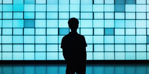 Poster - Silhouette of Child Against Blue Pixelated Background, Modern Art Installation, Digital Display, Contemporary Aesthetic