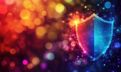 Poster - colorful shield symbol representing security and protection with vibrant bokeh background, ideal for
