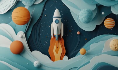 Poster - rocket launching into space surrounded by colorful planets and abstract waves