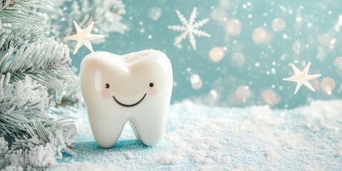 Poster - Smiling Tooth Character Surrounded by Winter Wonderland Decor, Snowflakes, and Christmas Elements