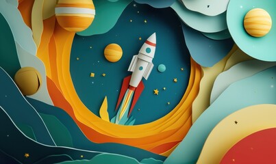 Poster - rocket launching into colorful space with planets and stars in paper art style