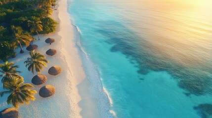 Wall Mural - Stunning aerial view of a tropical beach with white sand, palm trees, straw umbrellas and turquoise water gently lapping the shore at sunset, creating a serene and idyllic paradise