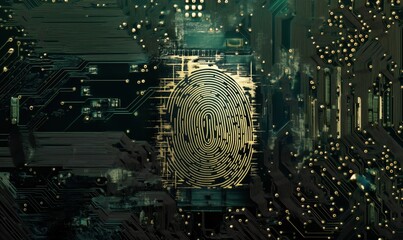 Poster - Digital fingerprint on circuit board background representing cybersecurity, identity verification, and biometric technology