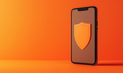 Poster - Mobile phone displaying shield icon symbolizing security and protection against cyber threats, vibrant orange background enhancing visual appeal