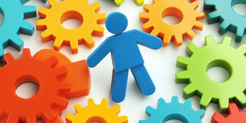 Poster - Colorful Gears with Blue Human Figure Representing Teamwork and Collaboration in Business Processes