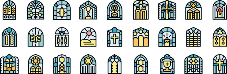 Poster - set of colorful church stained glass windows representing various religious symbols, scenes, and obj