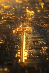Poster - golden key symbolizing digital security and access, set against a backdrop of intricate circuit patt
