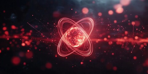 Poster - Atomic structure visualization with glowing red nucleus and electron orbits, abstract digital art representation of atomic theory and energy