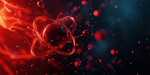 Poster - atomic structure visualization with glowing red and blue elements, depicting an atom surrounded by e