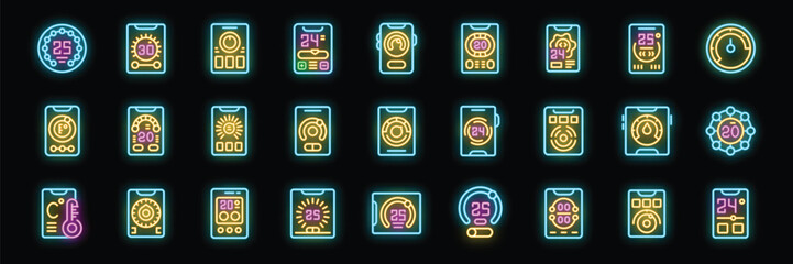 Poster - Glowing neon icons representing smart home temperature control interfaces displayed on smartphones or tablets, offering convenient climate management