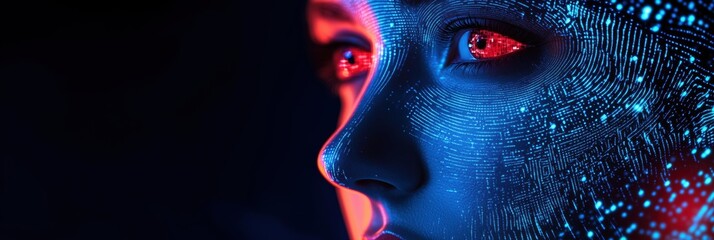 Poster - Futuristic digital face with glowing circuitry and red eyes, showcasing advanced technology and artificial intelligence concepts