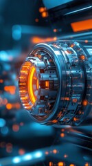 Poster - Futuristic energy core with glowing orange elements, intricate mechanical design, high-tech background, digital technology, sci-fi aesthetics