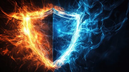 Poster - Fiery Shield: Abstract Digital Art with Contrasting Orange and Blue Plasma