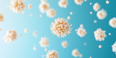 Poster - 3D representation of virus particles floating in blue background, showcasing intricate details and structure of viral morphology