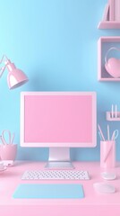 Poster - Minimalist pastel pink and blue workspace featuring computer, desk accessories, and decorative elements for a stylish office setup