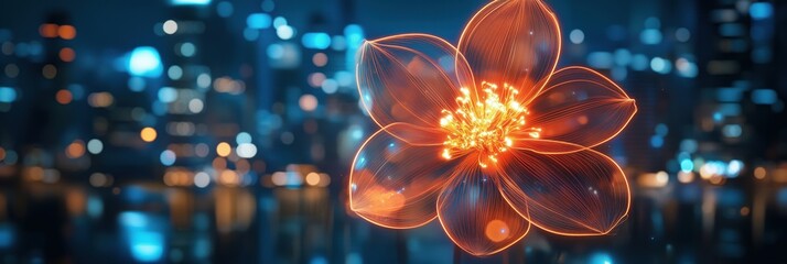 Poster - Glowing flower against city skyline, vibrant neon colors, intricate details, artistic representation of nature and urban life, captivating contrast