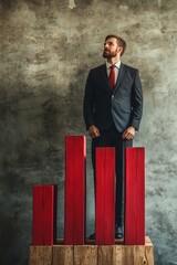 Poster - Businessman Standing on Red Bar Graph Representing Growth and Success in Corporate Environment