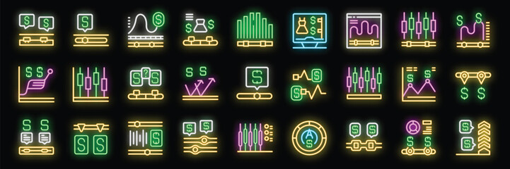 Poster - Neon icons illuminating stock market concepts, including trading charts, financial analysis, investment strategies, and market trends