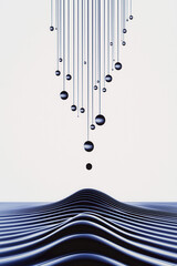 Poster - Minimalist Abstract Composition with Suspended Spheres Over Undulating Waves in Blue Palette