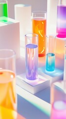 Poster - Colorful glass beakers filled with vibrant liquids on illuminated display, showcasing a spectrum of colors and reflections