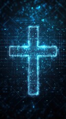 Poster - Digital Cross Symbol Representing Faith and Technology in a Futuristic Blue Background with Glowing Particles and Data Patterns