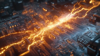 Poster - Abstract rendering of a circuit board with a vibrant orange electrical discharge effect flowing across its surface