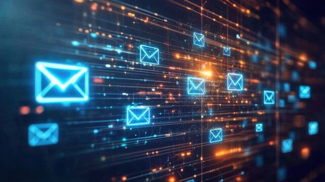 Digital email icons interconnected by glowing lines in a technological landscape representing communication networks