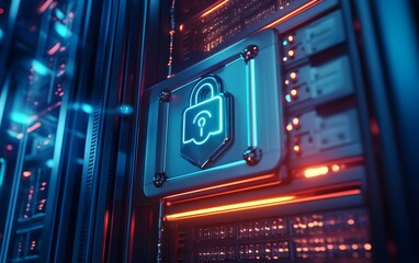 Poster - A close-up view of a digital lock icon illuminated by neon lights, representing cybersecurity and data protection in a modern server room.