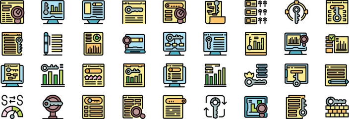 Poster - Icons depicting keyword research, search engine optimization, and digital marketing strategies for online content creation and website traffic growth