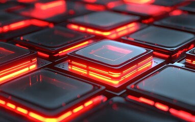 Poster - A close-up view of illuminated electronic components showcasing vibrant red and black colors. Perfect for illustrating technology, innovation, and modern digital design.