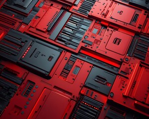 Poster - A close-up view of abstract circuit boards in a striking red and black color scheme, showcasing intricate designs and textures for technological themes.