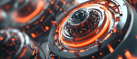 Poster - A close-up view of intricate mechanical components illuminated by orange lights, showcasing advanced engineering and futuristic design in technology.