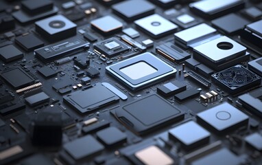 Poster - A close-up view of various electronic components showcasing intricate details of circuit boards, microchips, and hardware in a modern technology setting.