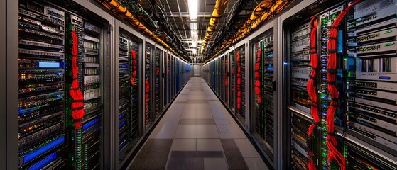 Poster - A detailed view of a modern server room showcasing rows of servers, cables, and advanced technology in a sleek environment, illuminating the growth of data storage solutions.