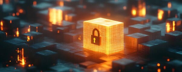 Poster - A digital illustration of a secure data cube featuring a glowing padlock symbol, representing cybersecurity and data protection in the digital age.
