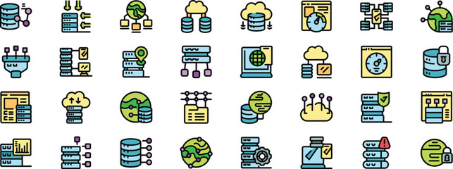 Poster - Colorful data hosting icons representing various aspects of cloud computing, server processes, and database management