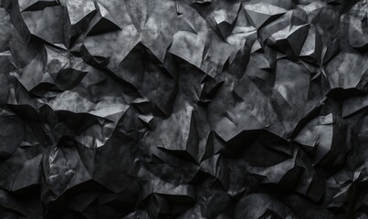 Poster - Textured black crumpled paper background showcasing intricate folds and shadows, ideal for design and artistic applications