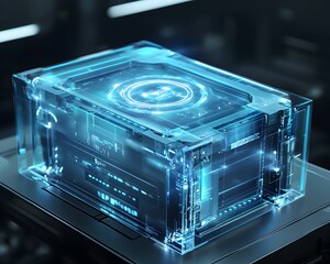 Poster - A futuristic, transparent data storage device illuminated with blue lights, showcasing advanced technology and digital innovations. Ideal for tech-related projects and visuals.